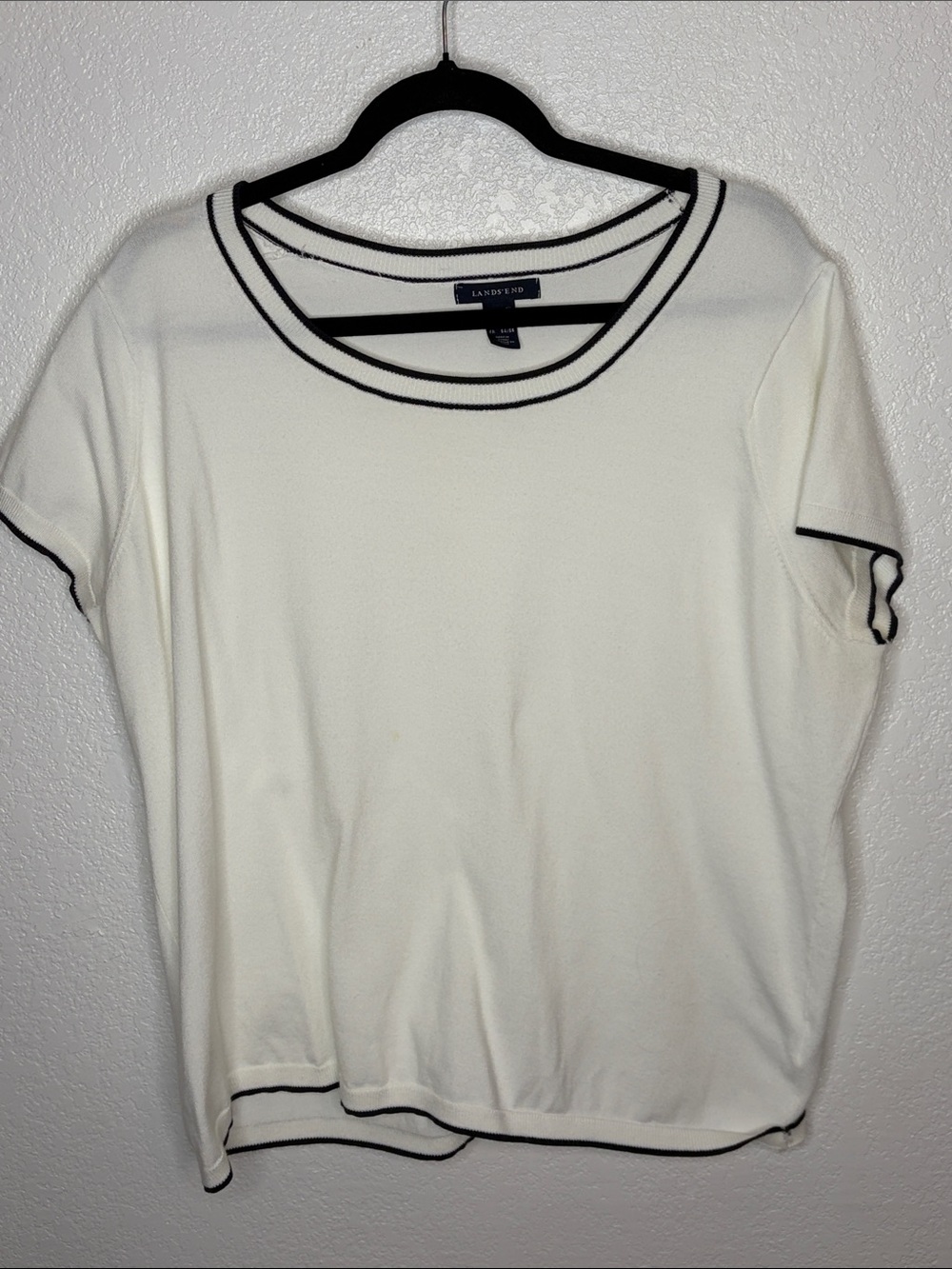 Lands End White with Navy Trim Knit Cap Sleeve Top Size 2X